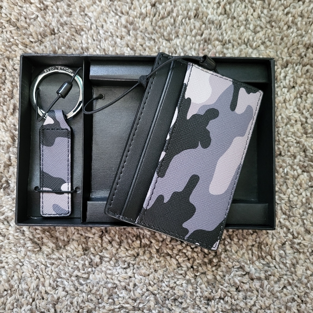 MICHAEL KORS JET SET GIFTING CARD CASE & KEYFOB KEYRING SET ADMIRAL BLUE CAMO